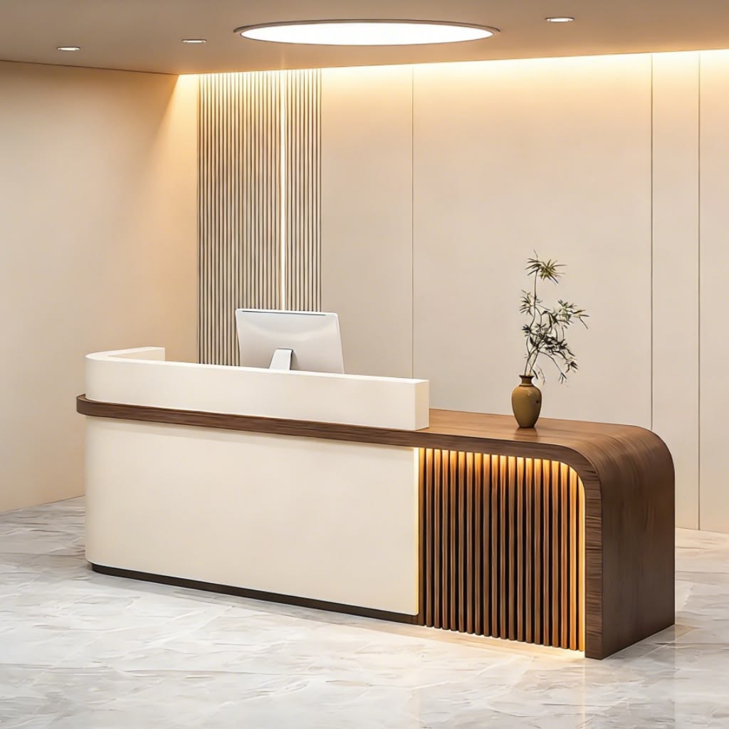 High-Impact Reception Desk with Acoustic Wood Slats & Planter Borders #13